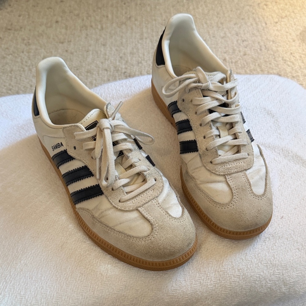 adidas Samba Sneakers in Cream with Black Stripes and Gum Sole